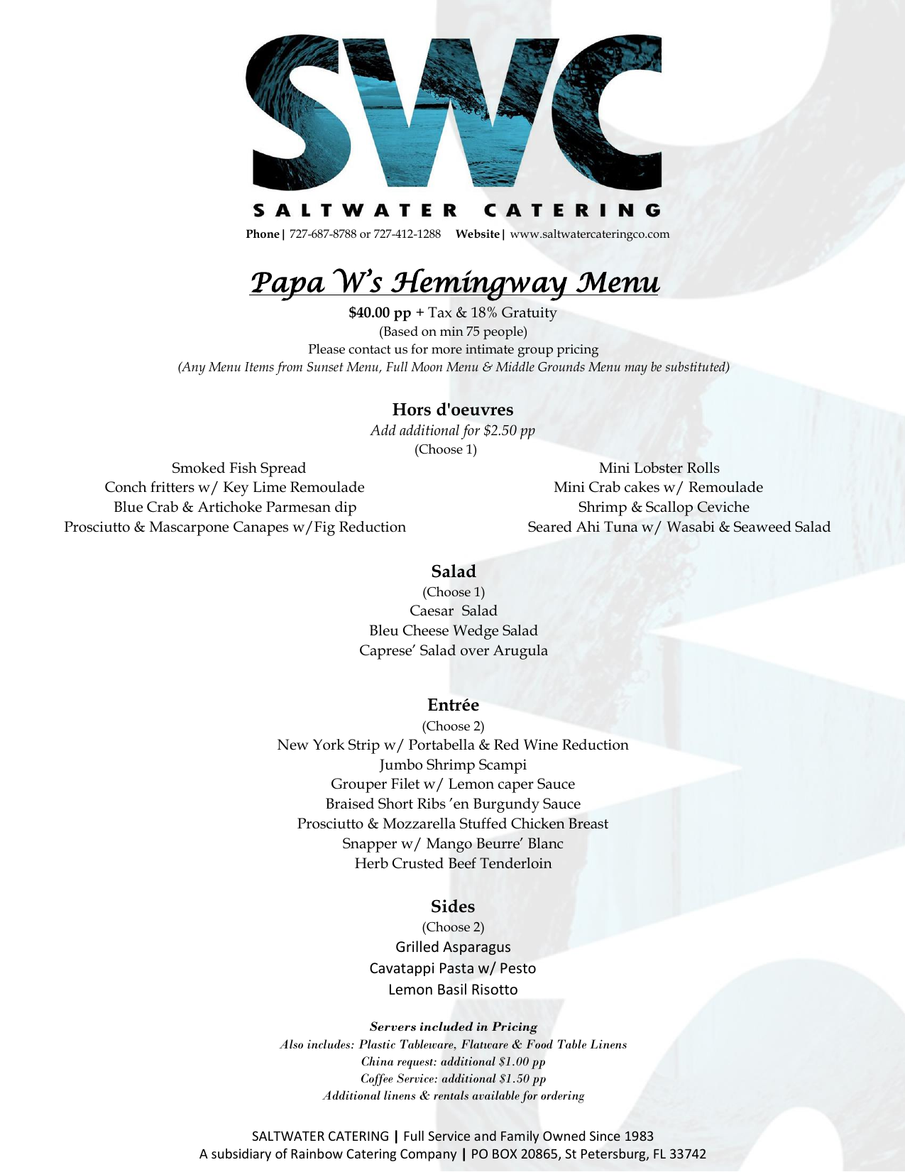 Papa W's Hemingway Menu